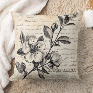 Rustic Floral Sketch with Calligraphy - Aged (2) Cushion