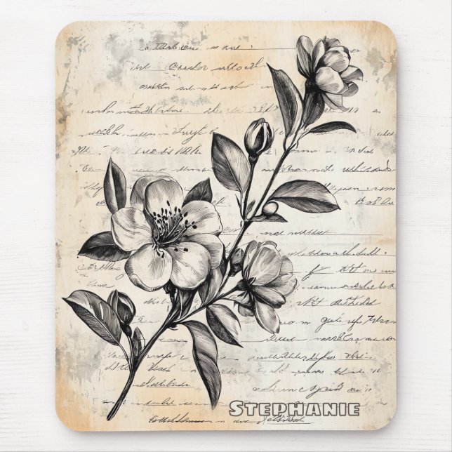 Rustic Floral Sketch with Calligraphy - Aged (2) Mouse Pad (Front)