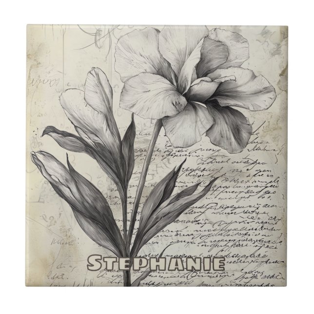 Rustic Floral Sketch with Calligraphy - Aged (3) Ceramic Tile (Front)