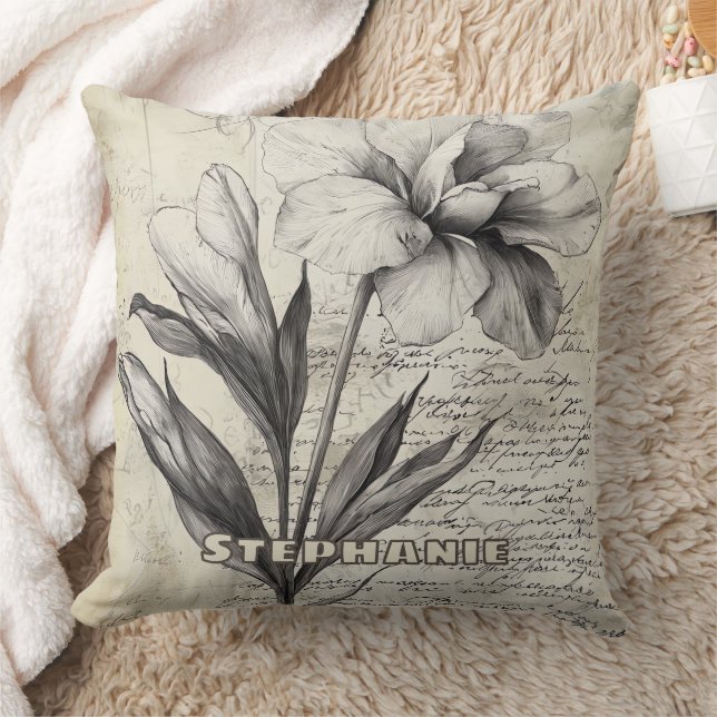Rustic Floral Sketch with Calligraphy - Aged (3) Cushion (Blanket)