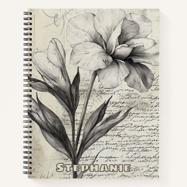 Rustic Floral Sketch with Calligraphy - Aged (3) Notebook (Front)