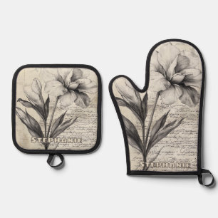 Rustic Floral Sketch with Calligraphy - Aged (3) Oven Mitt & Pot Holder Set