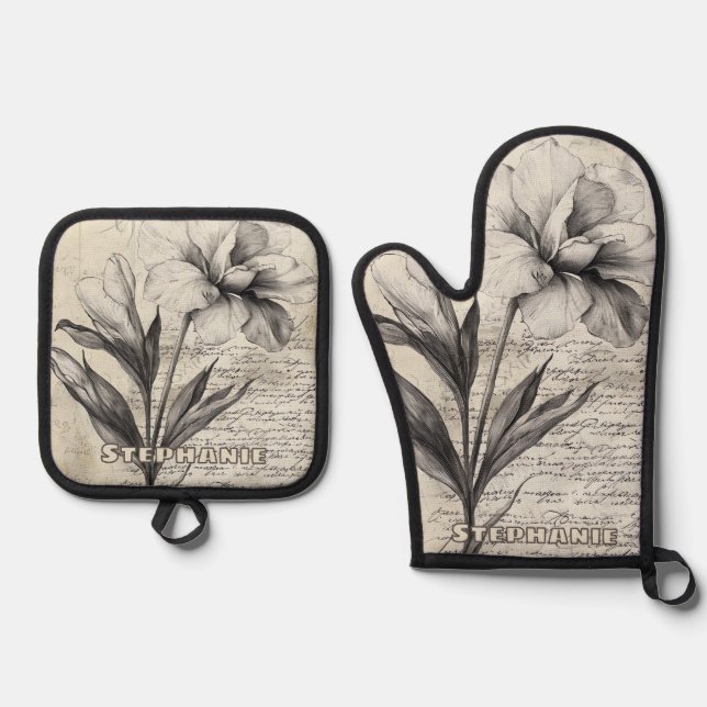 Rustic Floral Sketch with Calligraphy - Aged (3) Oven Mitt & Pot Holder Set (Front)