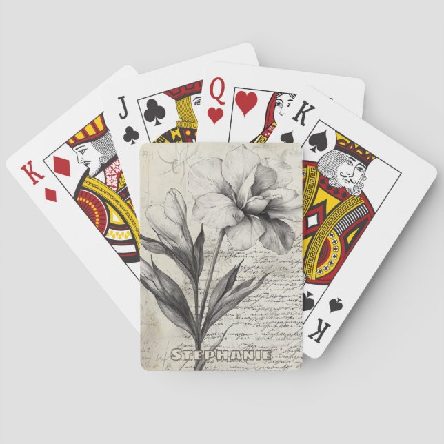 Rustic Floral Sketch with Calligraphy - Aged (3) Playing Cards (Back)