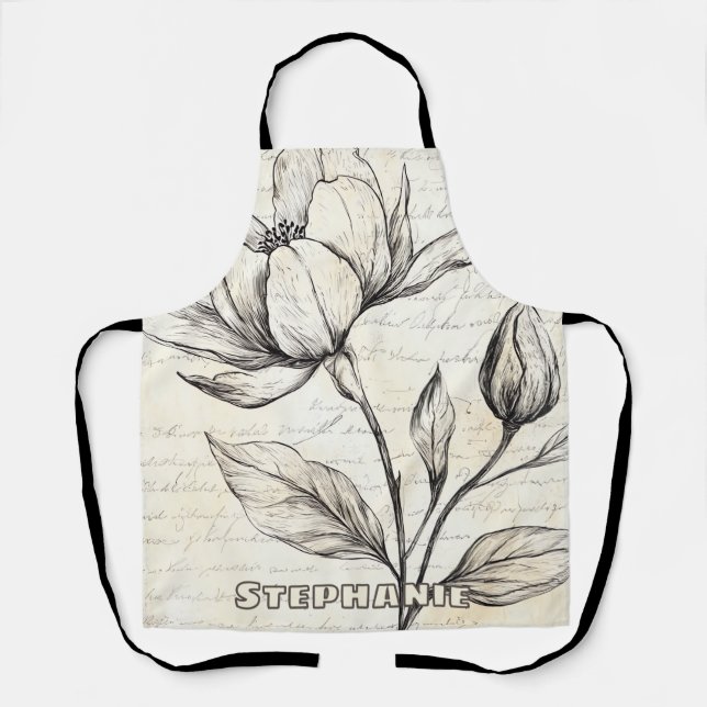 Rustic Floral Sketch with Calligraphy - Aged (4) Apron (Front)