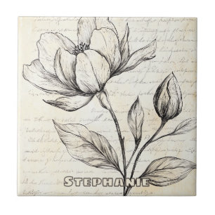 Rustic Floral Sketch with Calligraphy - Aged (4) Ceramic Tile