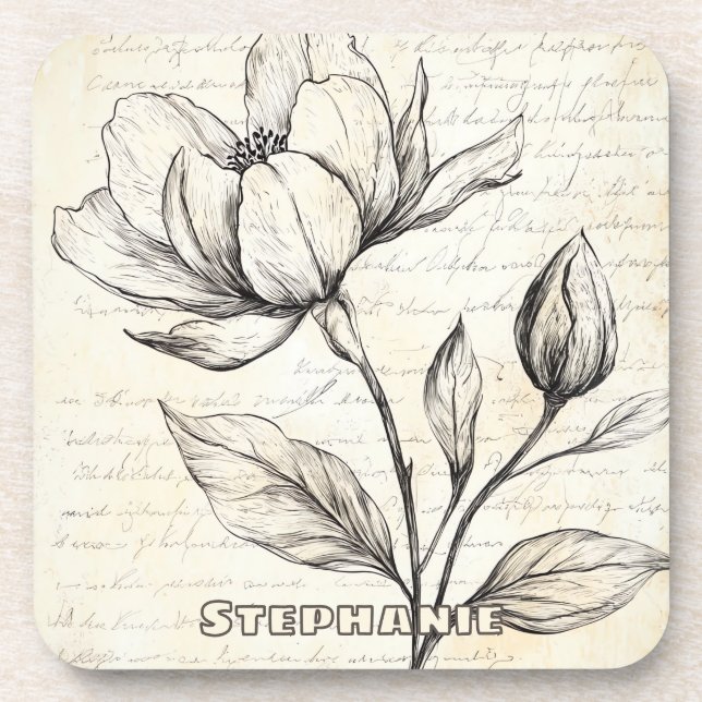 Rustic Floral Sketch with Calligraphy - Aged (4) Coaster (Front)