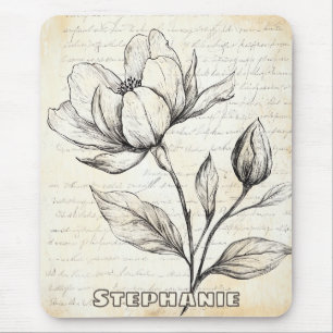 Rustic Floral Sketch with Calligraphy - Aged (4) Mouse Pad