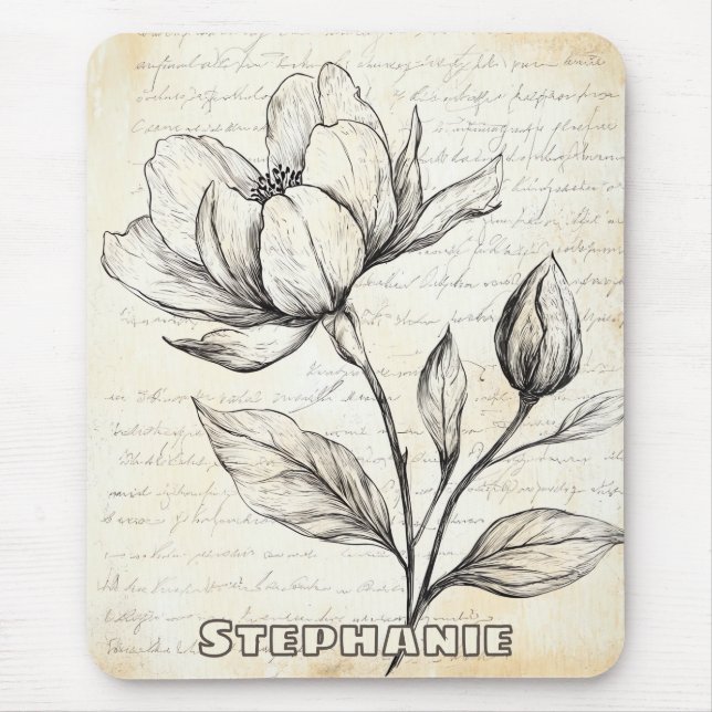 Rustic Floral Sketch with Calligraphy - Aged (4) Mouse Pad (Front)