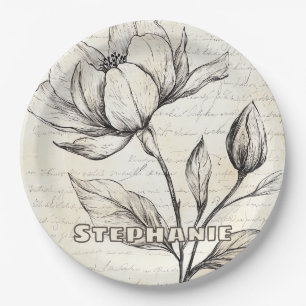 Rustic Floral Sketch with Calligraphy - Aged (4) Paper Plate