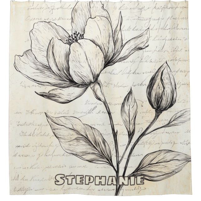 Rustic Floral Sketch with Calligraphy - Aged (4) Shower Curtain (Front)