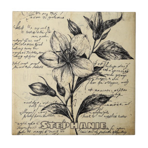 Rustic Floral Sketch with Calligraphy - Aged (5) Ceramic Tile