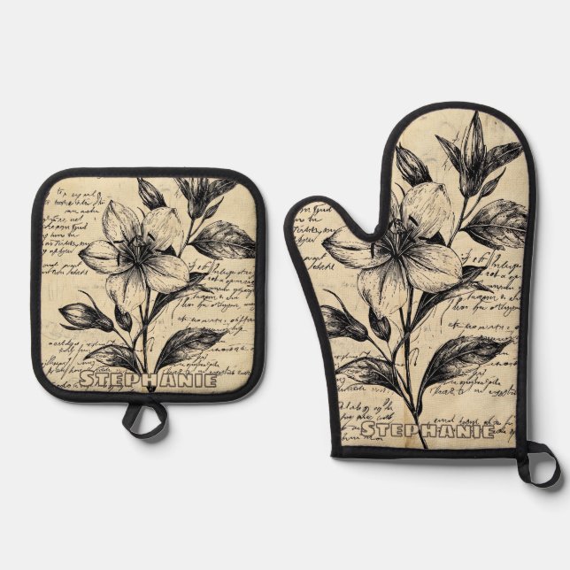 Rustic Floral Sketch with Calligraphy - Aged (5) Oven Mitt & Pot Holder Set (Front)