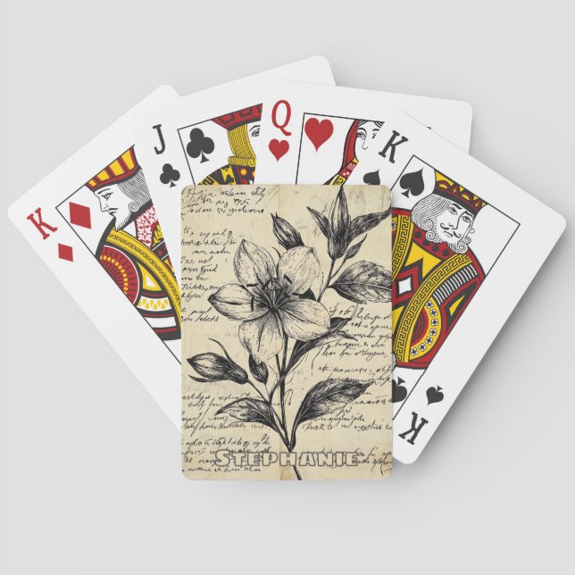 Rustic Floral Sketch with Calligraphy - Aged (5) Playing Cards (Back)