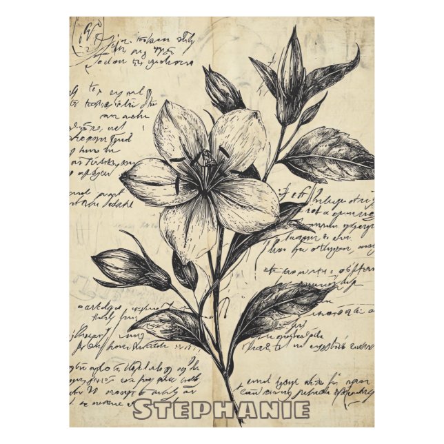 Rustic Floral Sketch with Calligraphy - Aged (5) Tablecloth (Front)