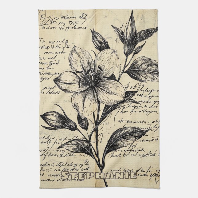 Rustic Floral Sketch with Calligraphy - Aged (5) Tea Towel (Vertical)