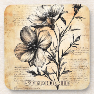 Rustic Floral Sketch with Calligraphy - Aged (6) Coaster