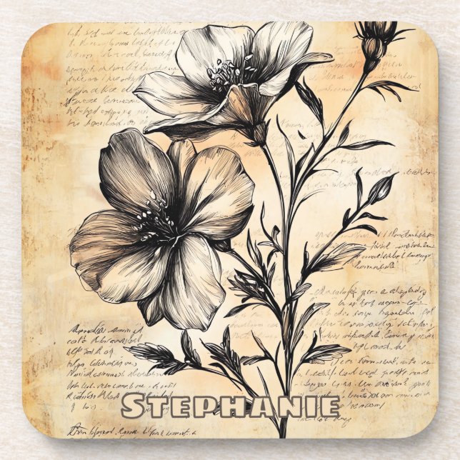 Rustic Floral Sketch with Calligraphy - Aged (6) Coaster (Front)