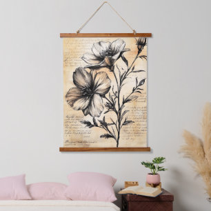 Rustic Floral Sketch with Calligraphy - Aged (6) Hanging Tapestry