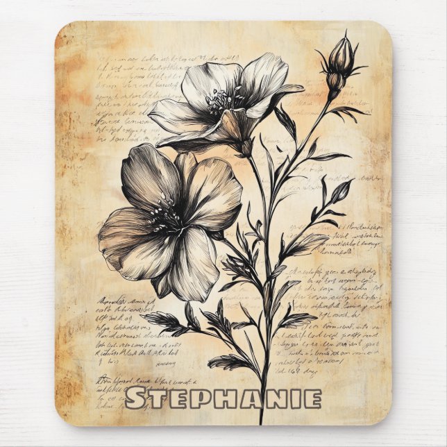 Rustic Floral Sketch with Calligraphy - Aged (6) Mouse Pad (Front)