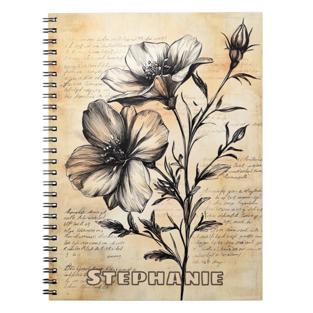 Rustic Floral Sketch with Calligraphy - Aged (6) Notebook (Front)