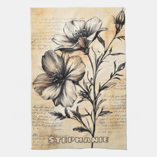 Rustic Floral Sketch with Calligraphy - Aged (6) Tea Towel