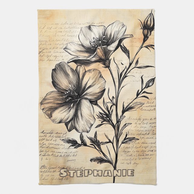 Rustic Floral Sketch with Calligraphy - Aged (6) Tea Towel (Vertical)