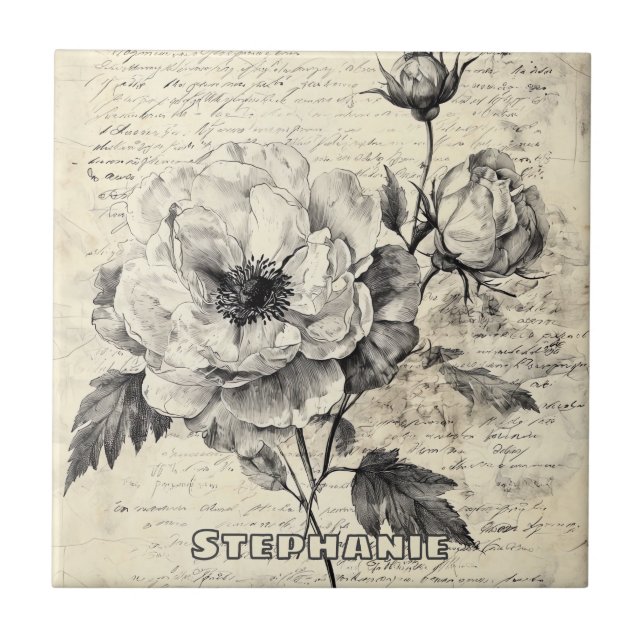 Rustic Floral Sketch with Calligraphy - Aged (7) Ceramic Tile (Front)