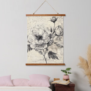 Rustic Floral Sketch with Calligraphy - Aged (7) Hanging Tapestry