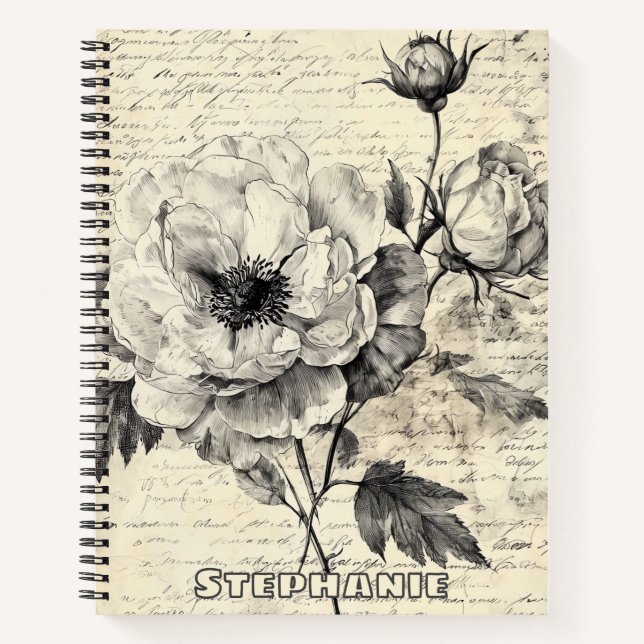 Rustic Floral Sketch with Calligraphy - Aged (7) Notebook (Front)