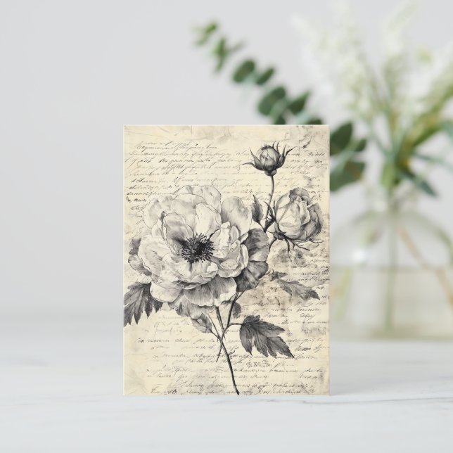 Rustic Floral Sketch with Calligraphy - Aged (7) Postcard (Standing Front)