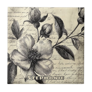 Rustic Floral Sketch with Calligraphy - Aged (8) Ceramic Tile