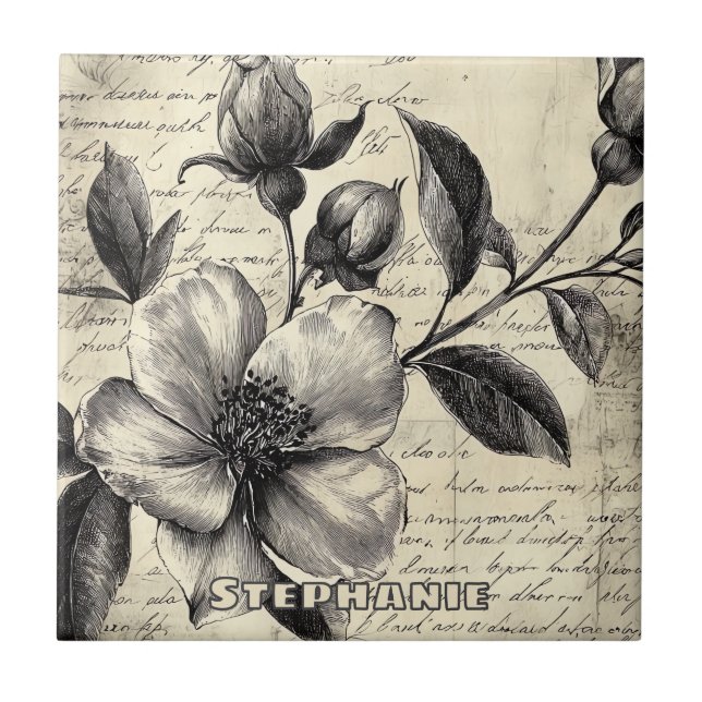 Rustic Floral Sketch with Calligraphy - Aged (8) Ceramic Tile (Front)