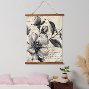 Rustic Floral Sketch with Calligraphy - Aged (8) Hanging Tapestry