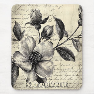 Rustic Floral Sketch with Calligraphy - Aged (8) Mouse Pad