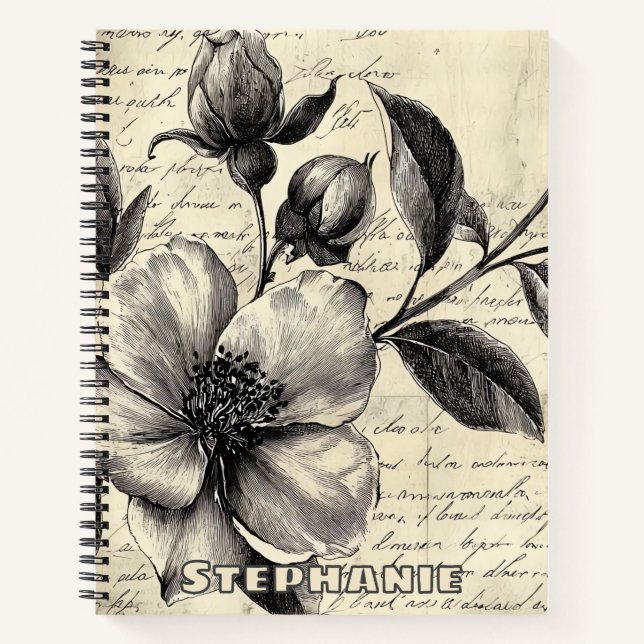 Rustic Floral Sketch with Calligraphy - Aged (8) Notebook (Front)