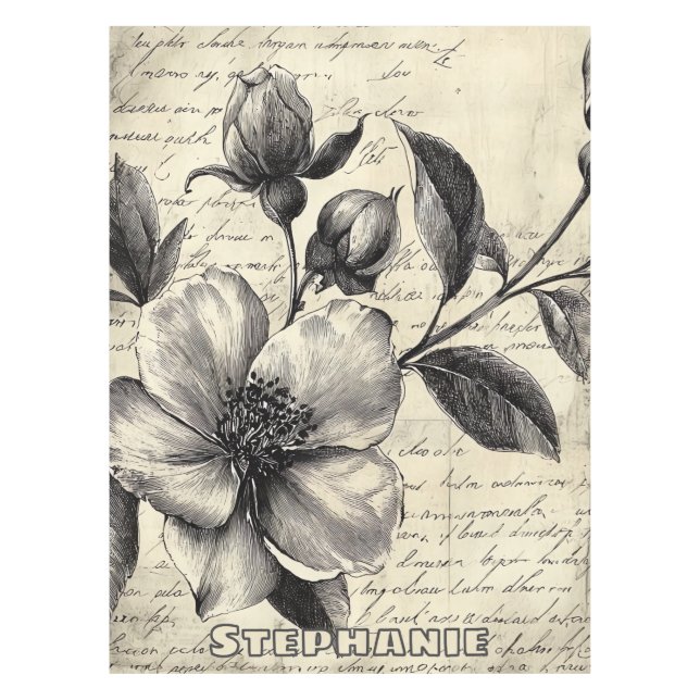 Rustic Floral Sketch with Calligraphy - Aged (8) Tablecloth (Front)