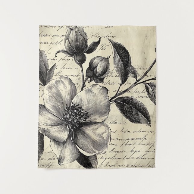 Rustic Floral Sketch with Calligraphy - Aged (8) Tapestry (Front)