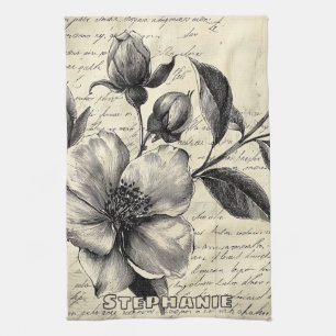 Rustic Floral Sketch with Calligraphy - Aged (8) Tea Towel