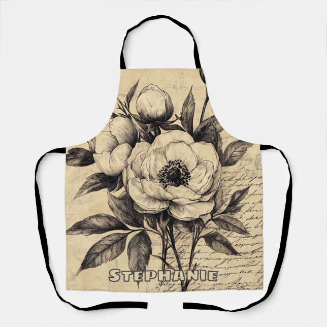 Rustic Floral Sketch with Calligraphy - Aged (9) Apron (Front)
