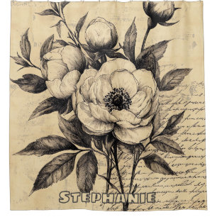 Rustic Floral Sketch with Calligraphy - Aged (9) Shower Curtain