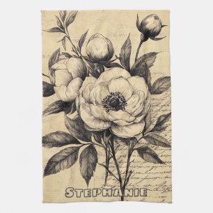 Rustic Floral Sketch with Calligraphy - Aged (9) Tea Towel