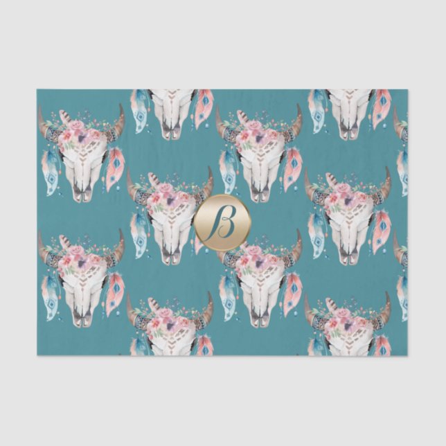 Rustic Floral Skull Boho Monogram Personalised Tissue Paper (Front)
