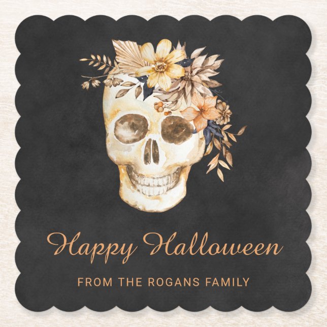 Rustic Floral Skull Halloween Paper Coaster (Front)