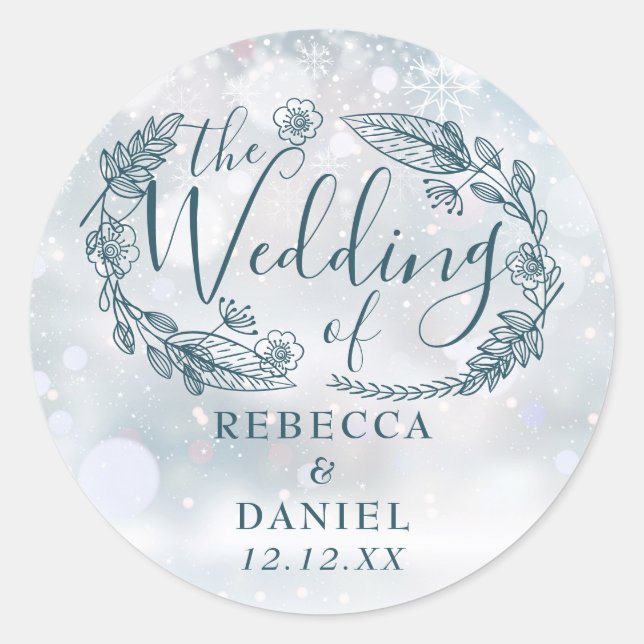 Rustic Floral Snowflakes Winter Wedding Classic Round Sticker (Front)
