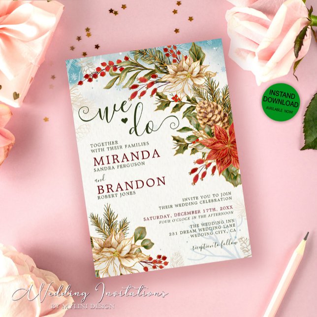 Rustic Floral Snowy Mistletoe Winter Wedding Invitation (Creator Uploaded)