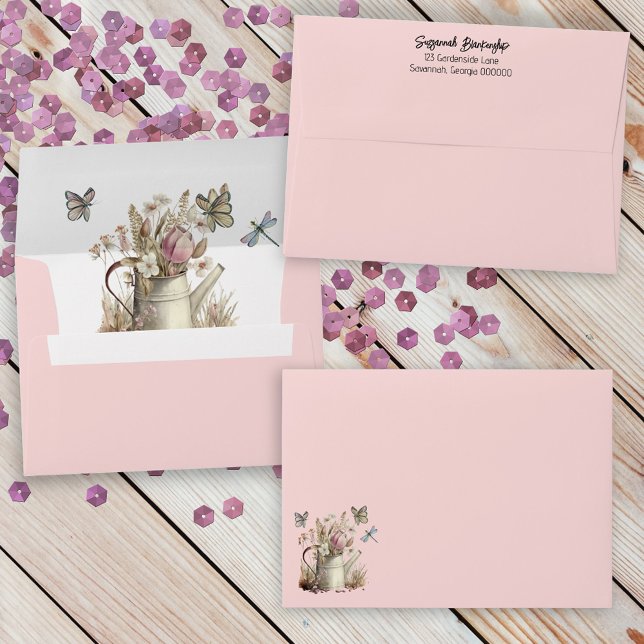 Rustic Floral Special Occasion Mail Out Envelope (custom envelope back flap, watering can design inside and front corner)