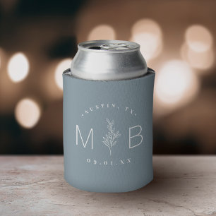 Rustic Floral Stem Wedding Monogram   Dusty Blue Can Cooler