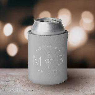 Rustic Floral Stem Wedding Monogram   Grey Can Cooler