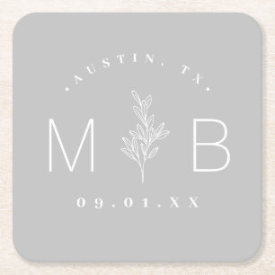 Rustic Floral Stem Wedding Monogram   Grey Square Paper Coaster